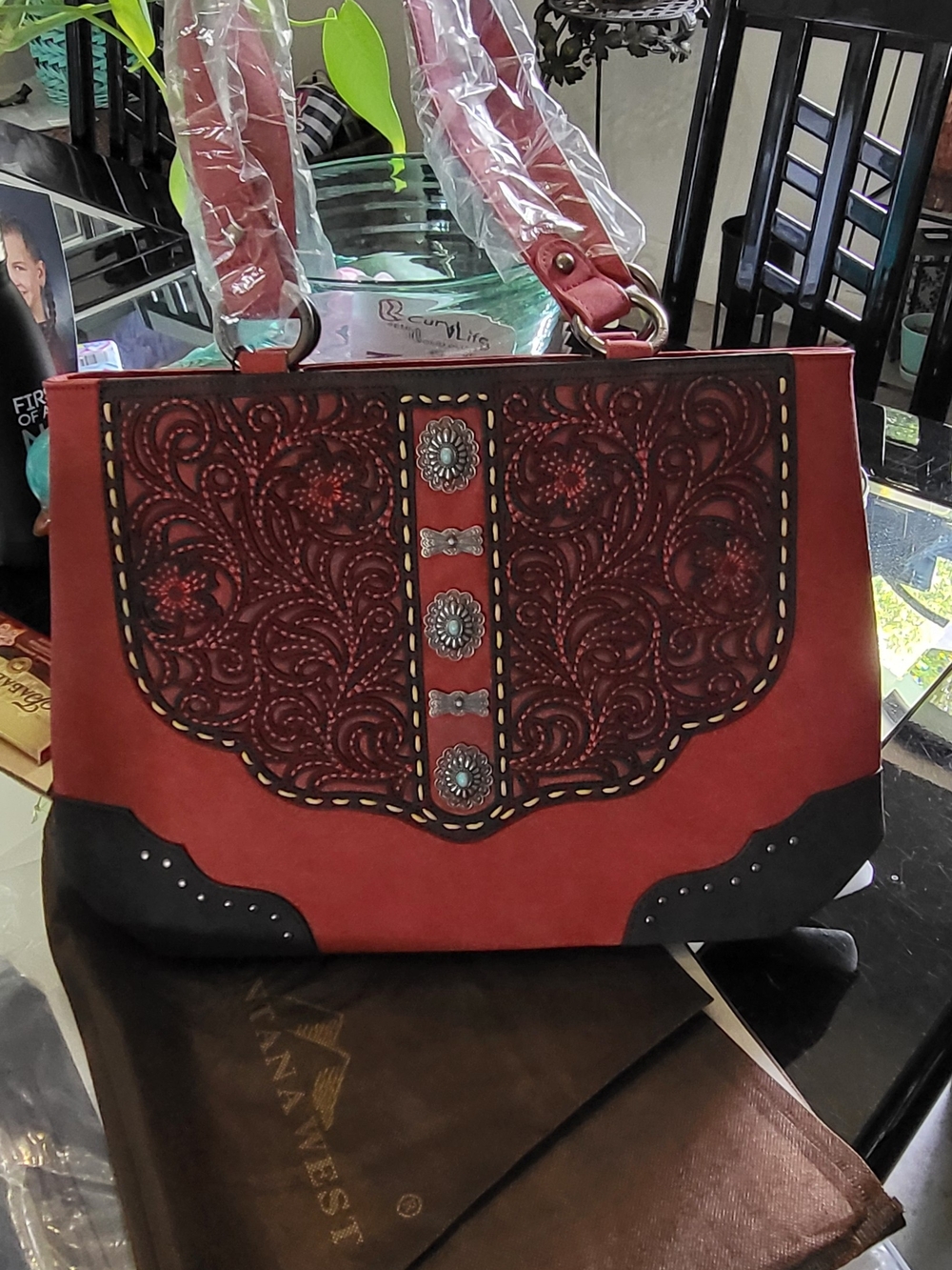 Montana West Red Tooled Floral Shoulder Bag with Black Trim